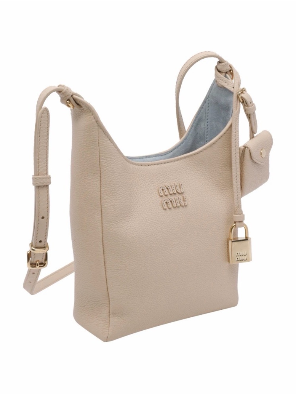 Miu Miu Pebbled Leather Beige Crossbody with Gold Padlock